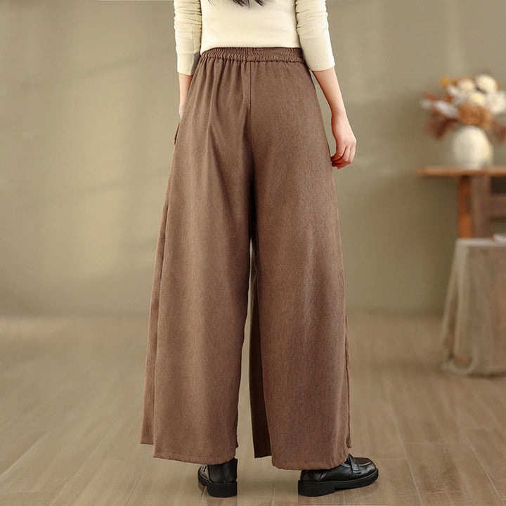 Buddha Stones 春のプレーンブラウンコーデュロイレディースワイドレッグパンツ（ポケット付き） - image 4