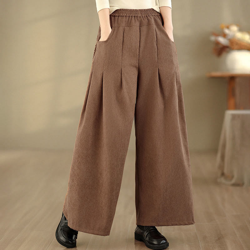 Buddha Stones 春のプレーンブラウンコーデュロイレディースワイドレッグパンツ（ポケット付き） - image 1