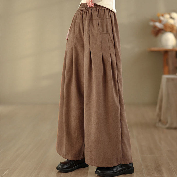 Buddha Stones 春のプレーンブラウンコーデュロイレディースワイドレッグパンツ（ポケット付き） - image 5