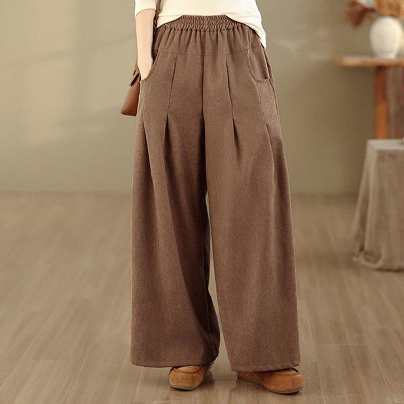 Buddha Stones 春のプレーンブラウンコーデュロイレディースワイドレッグパンツ（ポケット付き） - image 6