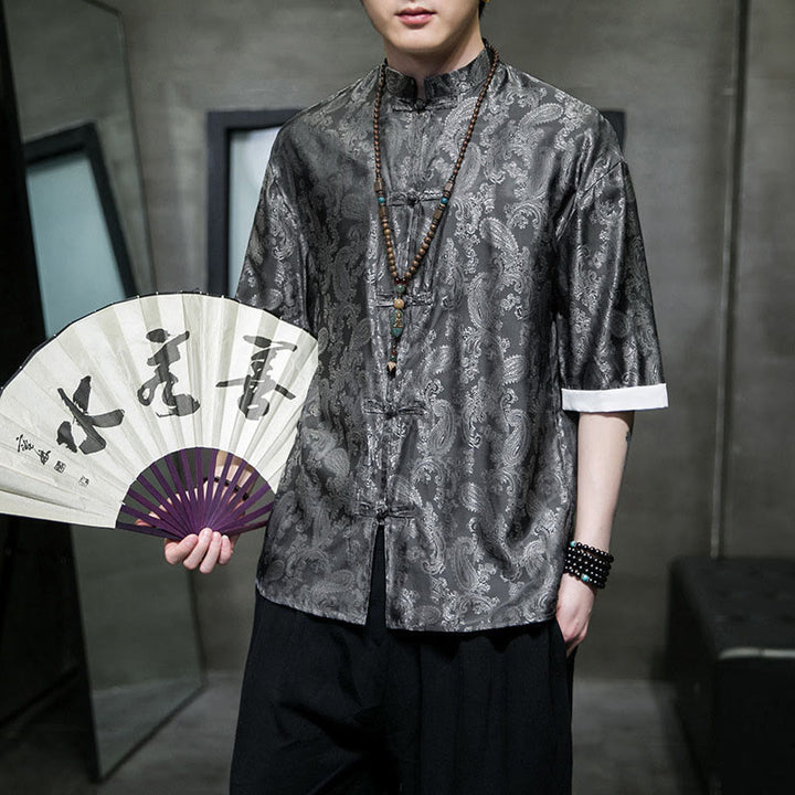 Buddha Stones 夏用カシューナッツフラワー柄メンズフロッグボタン半袖シャツ - グレー - US/UK/AU46、 EU56 (5XL) - image 0