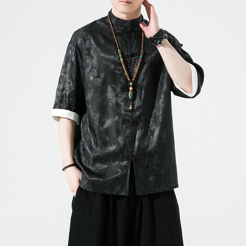 Buddha Stones 夏用カシューナッツフラワー柄メンズフロッグボタン半袖シャツ - 黒 - US/UK/AU46、 EU56 (5XL) - image 10