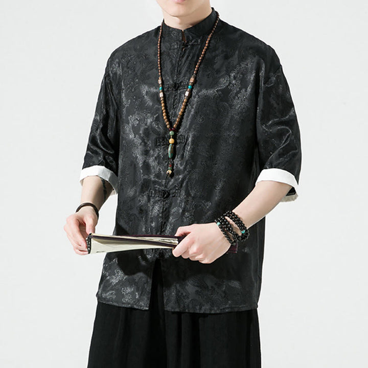 Buddha Stones 夏用カシューナッツフラワー柄メンズフロッグボタン半袖シャツ - image 18