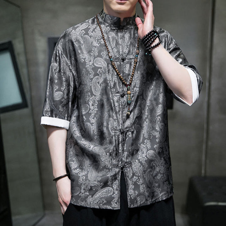 Buddha Stones 夏用カシューナッツフラワー柄メンズフロッグボタン半袖シャツ - image 1