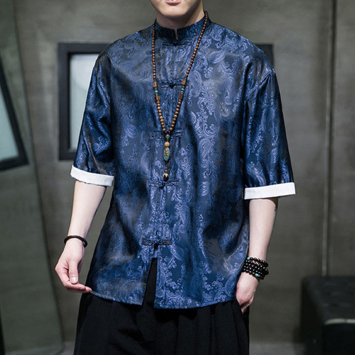 Buddha Stones 夏用カシューナッツフラワー柄メンズフロッグボタン半袖シャツ - image 30