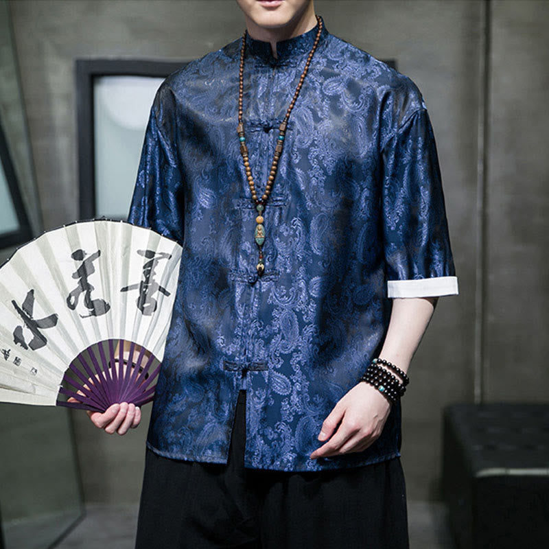 Buddha Stones 夏用カシューナッツフラワー柄メンズフロッグボタン半袖シャツ - image 32