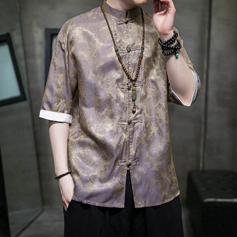 Buddha Stones 夏用カシューナッツフラワー柄メンズフロッグボタン半袖シャツ - image 42