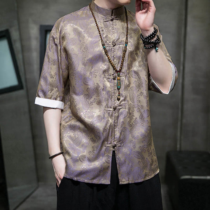 Buddha Stones 夏用カシューナッツフラワー柄メンズフロッグボタン半袖シャツ - image 42