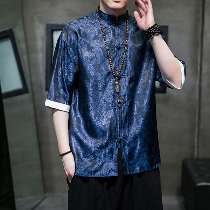 Buddha Stones 夏用カシューナッツフラワー柄メンズフロッグボタン半袖シャツ - image 29