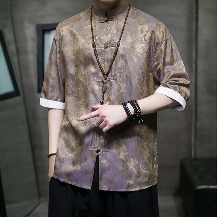 Buddha Stones 夏用カシューナッツフラワー柄メンズフロッグボタン半袖シャツ - image 41