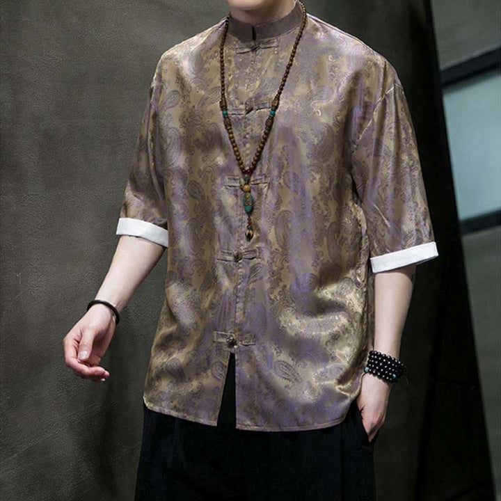 Buddha Stones 夏用カシューナッツフラワー柄メンズフロッグボタン半袖シャツ - image 44