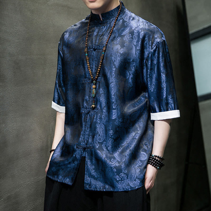 Buddha Stones 夏用カシューナッツフラワー柄メンズフロッグボタン半袖シャツ - image 33