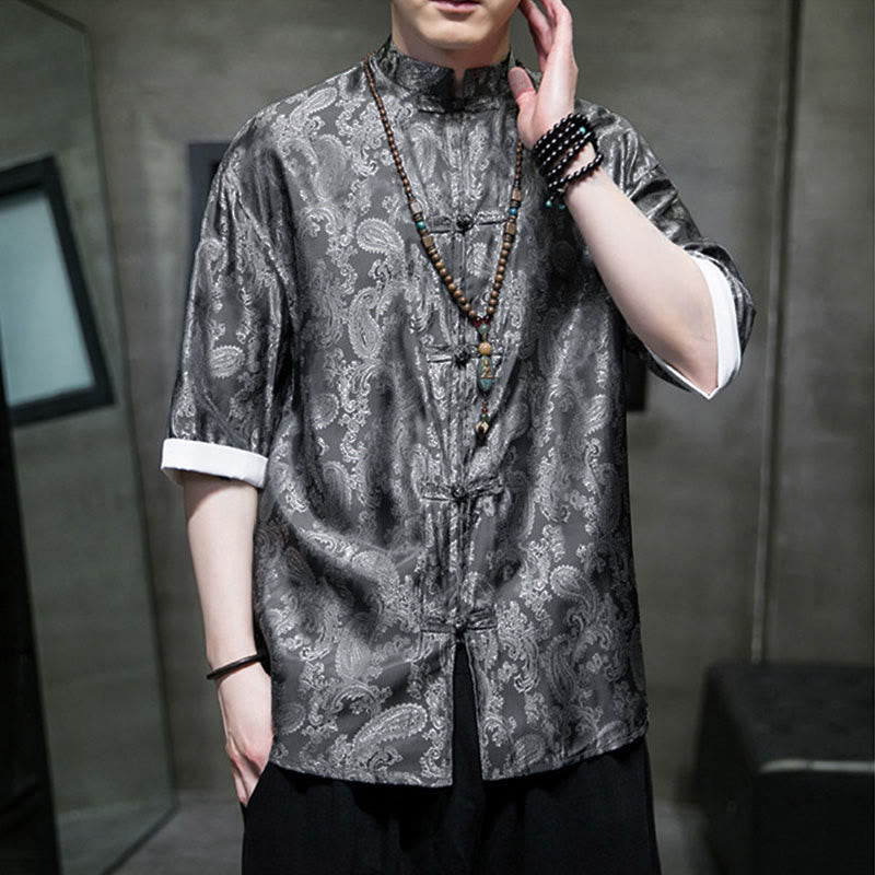 Buddha Stones 夏用カシューナッツフラワー柄メンズフロッグボタン半袖シャツ - image 3