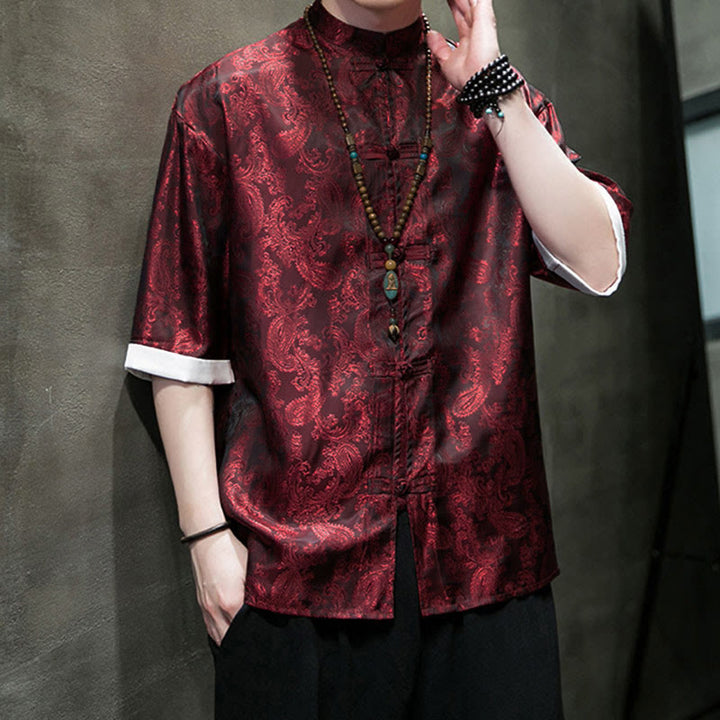 Buddha Stones 夏用カシューナッツフラワー柄メンズフロッグボタン半袖シャツ - image 22