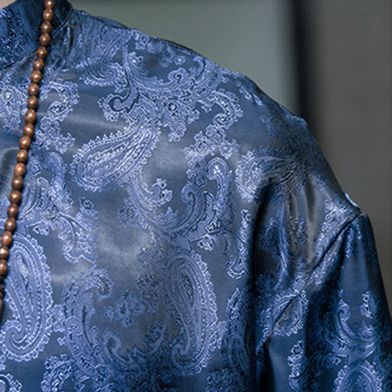 Buddha Stones 夏用カシューナッツフラワー柄メンズフロッグボタン半袖シャツ - image 37