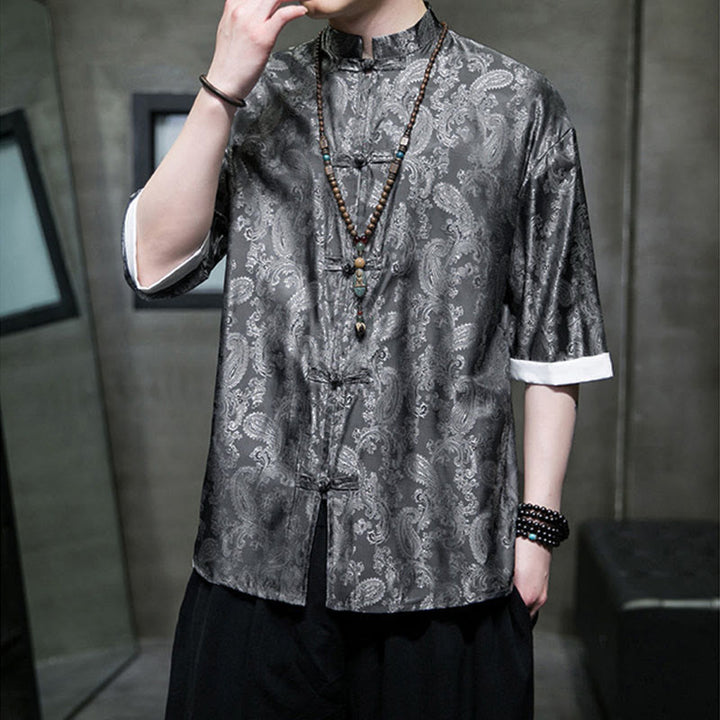 Buddha Stones 夏用カシューナッツフラワー柄メンズフロッグボタン半袖シャツ - image 7