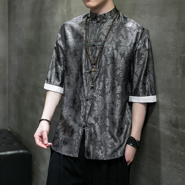 Buddha Stones 夏用カシューナッツフラワー柄メンズフロッグボタン半袖シャツ - image 4