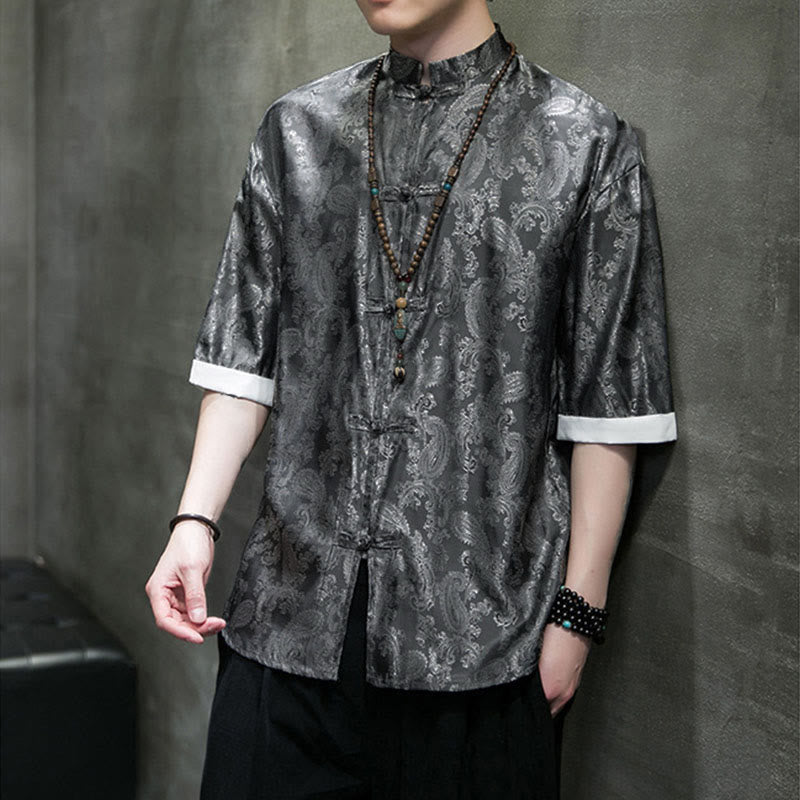 Buddha Stones 夏用カシューナッツフラワー柄メンズフロッグボタン半袖シャツ - image 4