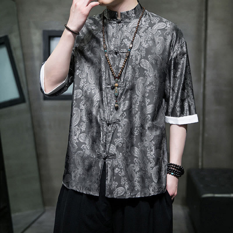 Buddha Stones 夏用カシューナッツフラワー柄メンズフロッグボタン半袖シャツ - image 7