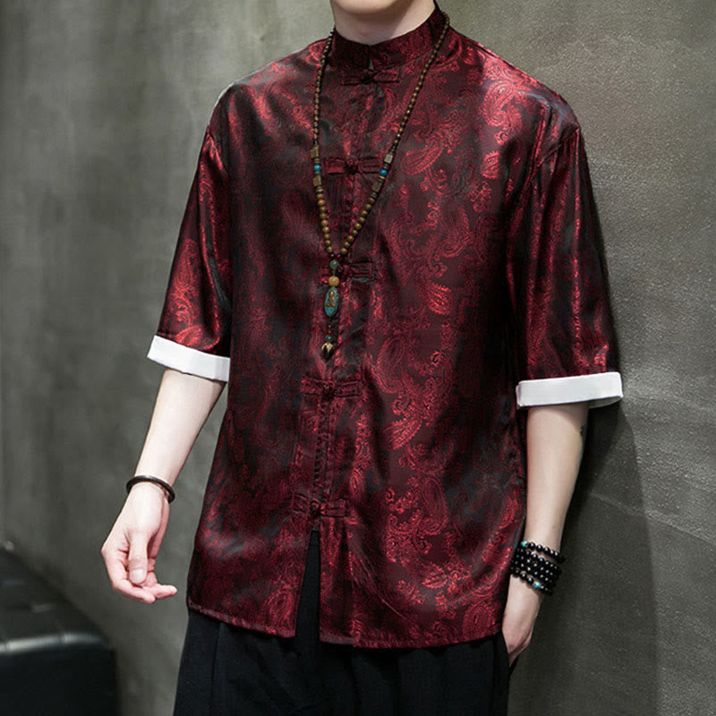 Buddha Stones 夏用カシューナッツフラワー柄メンズフロッグボタン半袖シャツ - image 26