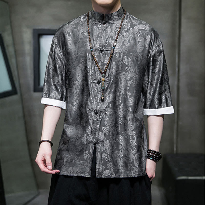 Buddha Stones 夏用カシューナッツフラワー柄メンズフロッグボタン半袖シャツ - image 8