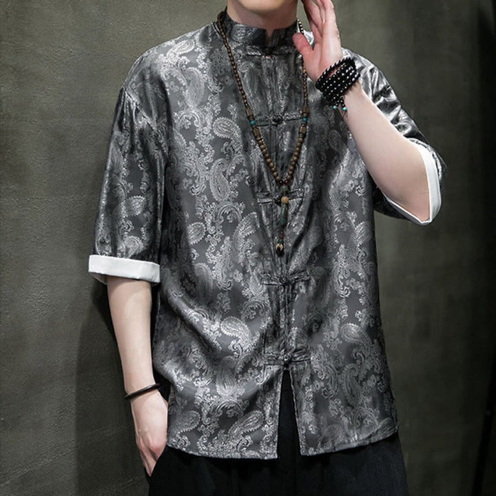 Buddha Stones 夏用カシューナッツフラワー柄メンズフロッグボタン半袖シャツ - image 6