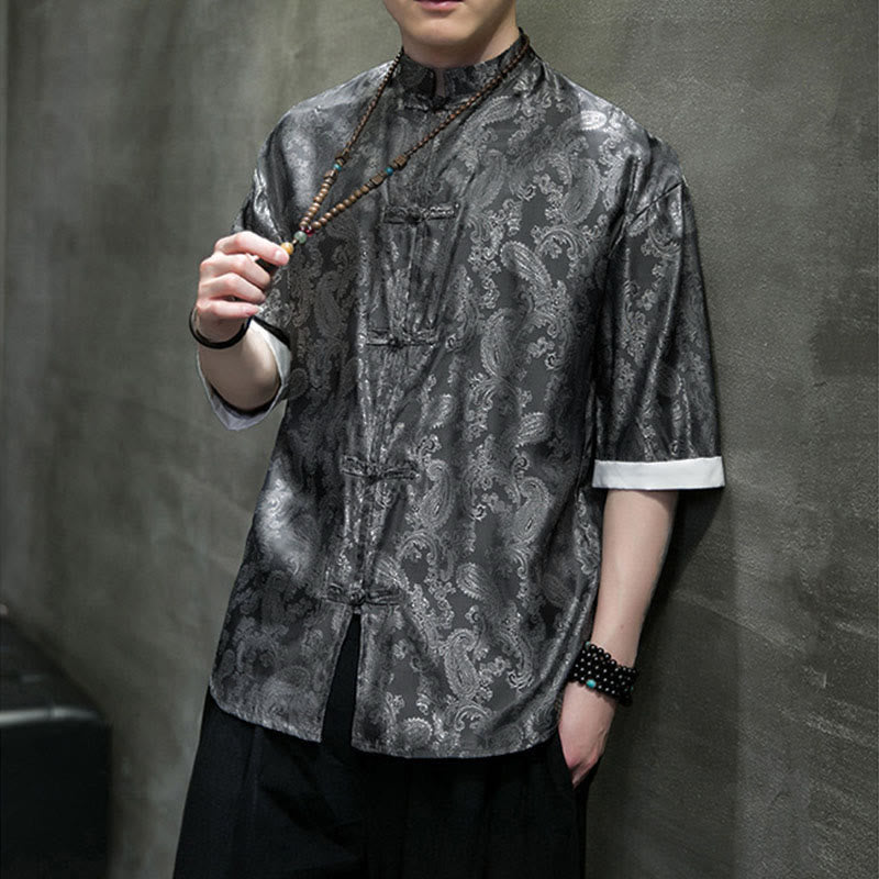 Buddha Stones 夏用カシューナッツフラワー柄メンズフロッグボタン半袖シャツ - image 9