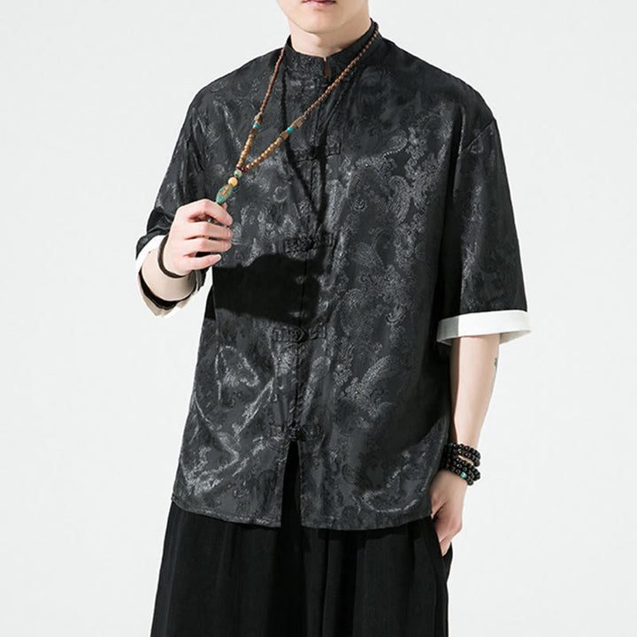 Buddha Stones 夏用カシューナッツフラワー柄メンズフロッグボタン半袖シャツ - image 16