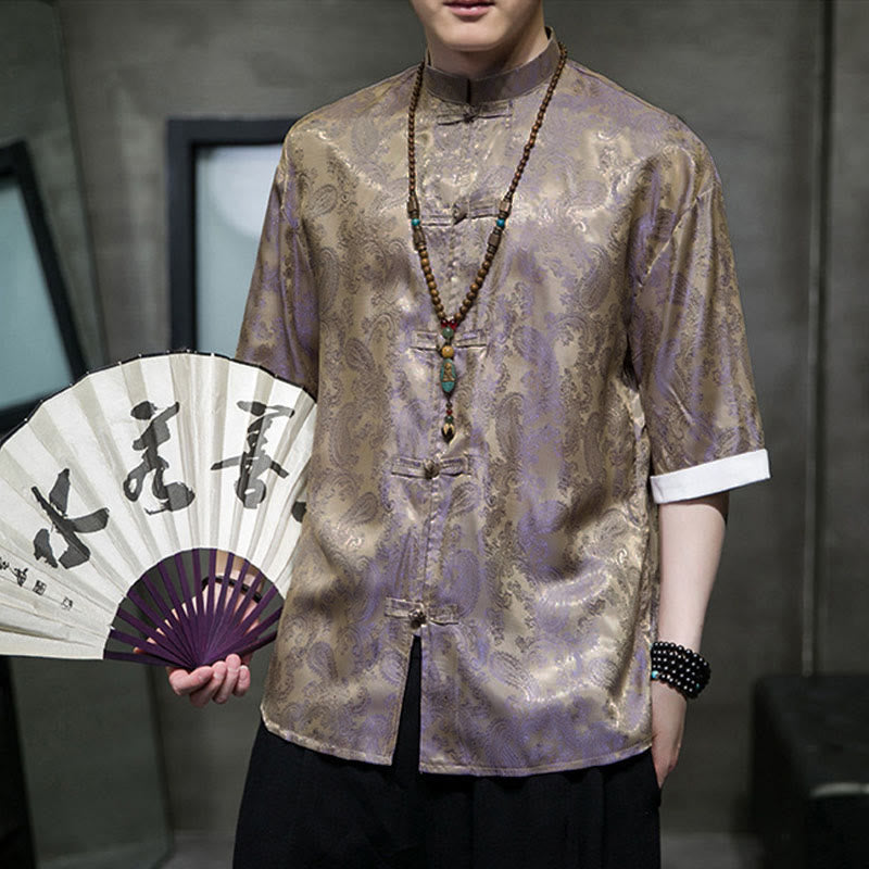 Buddha Stones 夏用カシューナッツフラワー柄メンズフロッグボタン半袖シャツ - image 46