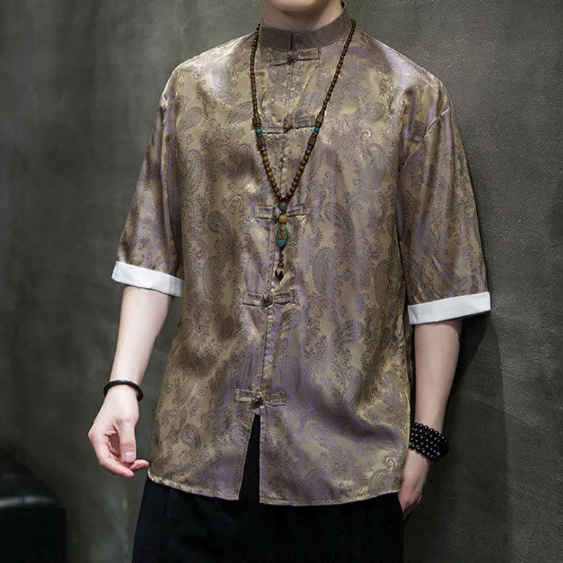 Buddha Stones 夏用カシューナッツフラワー柄メンズフロッグボタン半袖シャツ - image 47