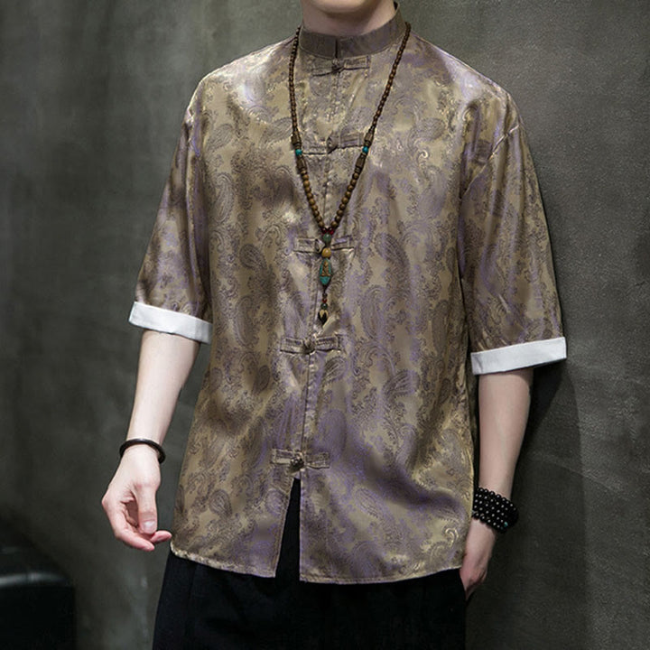 Buddha Stones 夏用カシューナッツフラワー柄メンズフロッグボタン半袖シャツ - image 47