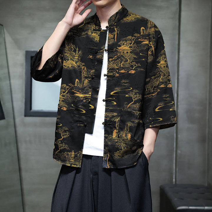 Buddha Stones 春のカエルボタン龍山花七分袖唐装メンズシャツポケット付き - 黒 - US/UK/AU44、EU54 (5XL) - image 29