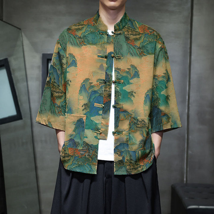 Buddha Stones 春のカエルボタン龍山花七分袖唐装メンズシャツポケット付き - 黄緑 - US/UK/AU44、EU54 (5XL) - image 38