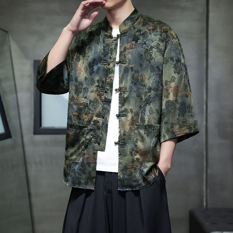 Buddha Stones 春のカエルボタン龍山花七分袖唐装メンズシャツポケット付き - オリーブドラブ - US/UK/AU44、EU54 (5XL) - image 49