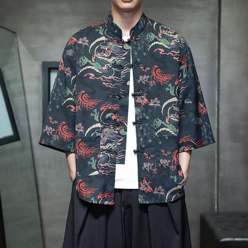 Buddha Stones 春のカエルボタン龍山花七分袖唐装メンズシャツポケット付き - ミッドナイトブルー - US/UK/AU44、EU54 (5XL) - image 19