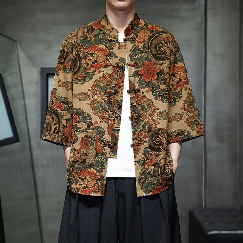 Buddha Stones 春のカエルボタン龍山花七分袖唐装メンズシャツポケット付き - ビスク - US/UK/AU44、EU54 (5XL) - image 10