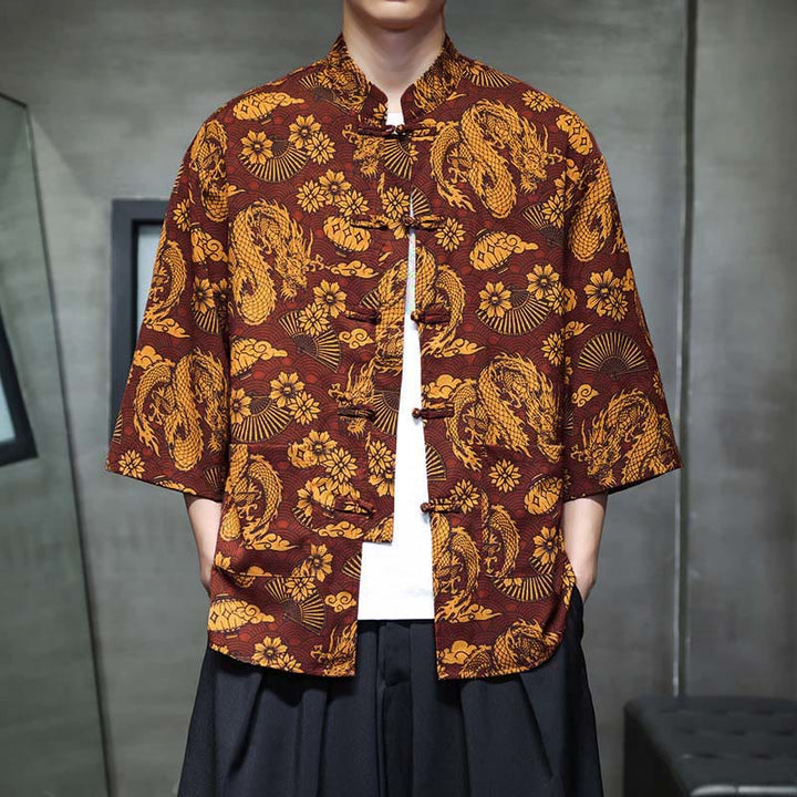 Buddha Stones 春のカエルボタン龍山花七分袖唐装メンズシャツポケット付き - ペルー - US/UK/AU44、EU54 (5XL) - image 0