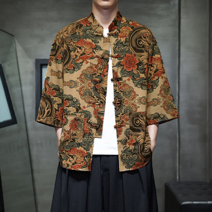 Buddha Stones 春のカエルボタン龍山花七分袖唐装メンズシャツポケット付き - ビスク - US/UK/AU44、EU54 (5XL) - image 10