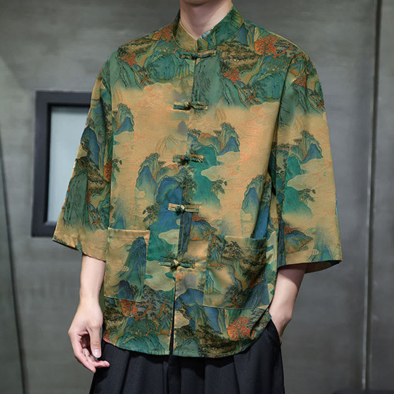 Buddha Stones、春蛙ボタン、龍山花柄、七分袖唐装メンズシャツ（ポケット付き） - image 39