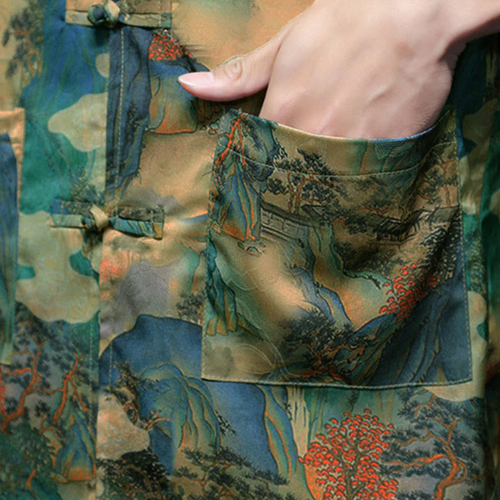 Buddha Stones、春蛙ボタン、龍山花柄、七分袖唐装メンズシャツ（ポケット付き） - image 48