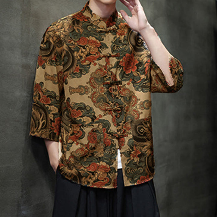 Buddha Stones 春のカエルボタン龍山花七分袖唐装メンズシャツポケット付き - image 17