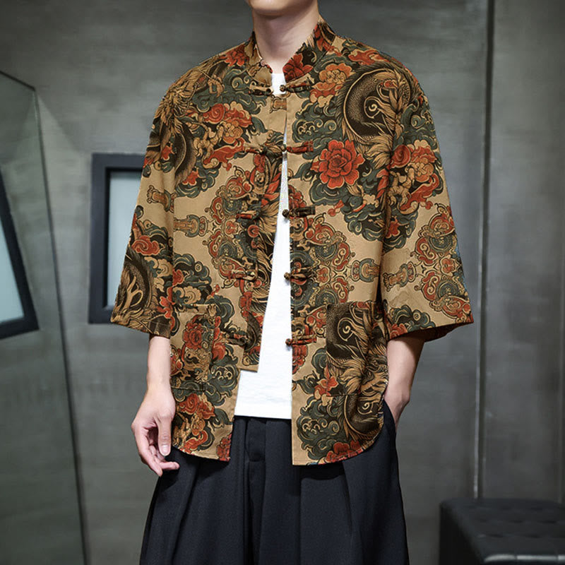 Buddha Stones、春蛙ボタン、龍山花柄、七分袖唐装メンズシャツ（ポケット付き） - image 11