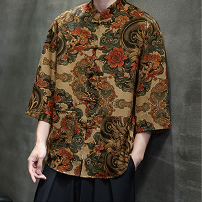 Buddha Stones、春蛙ボタン、龍山花柄、七分袖唐装メンズシャツ（ポケット付き） - image 15
