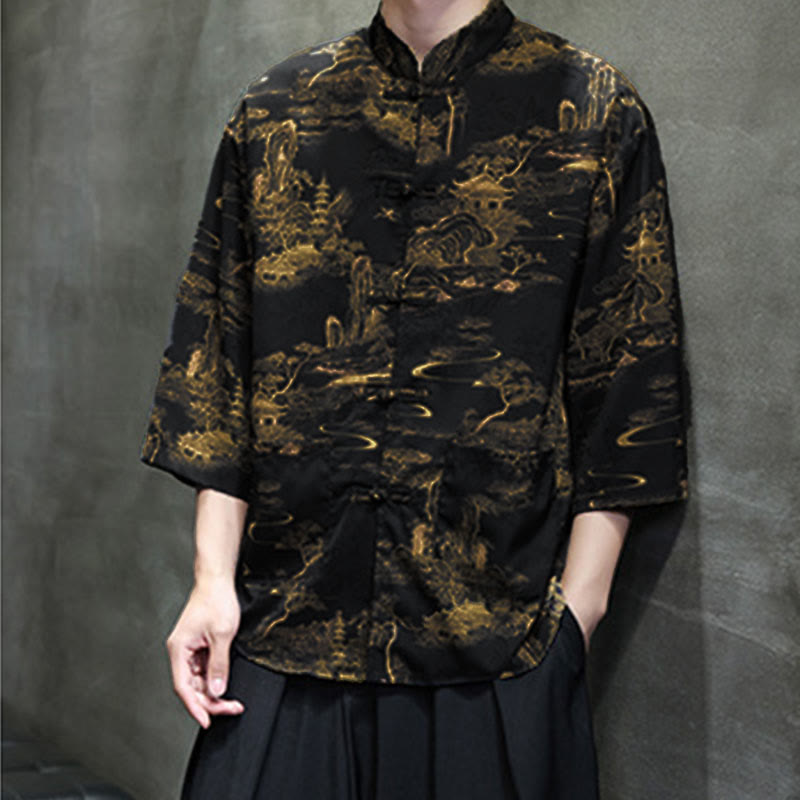 Buddha Stones、春蛙ボタン、龍山花柄、七分袖唐装メンズシャツ（ポケット付き） - image 36