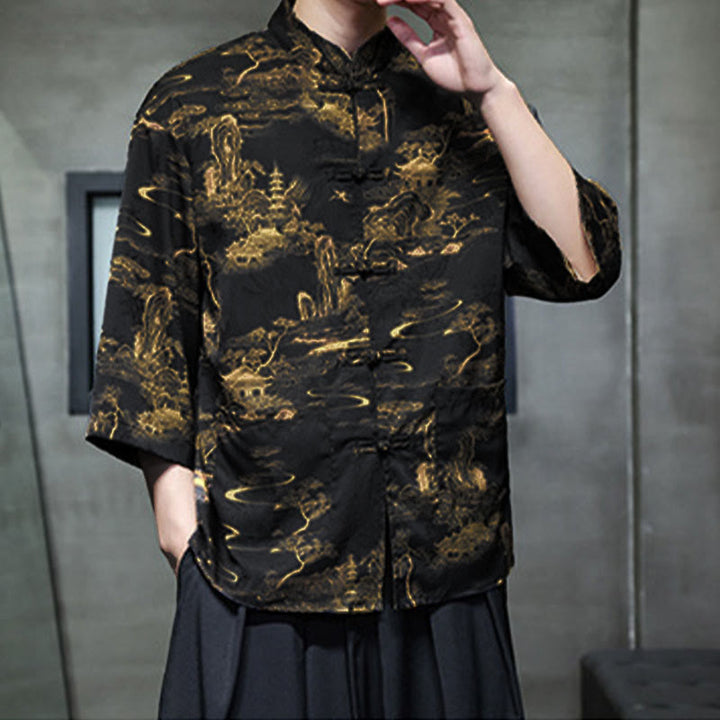 Buddha Stones、春蛙ボタン、龍山花柄、七分袖唐装メンズシャツ（ポケット付き） - image 30