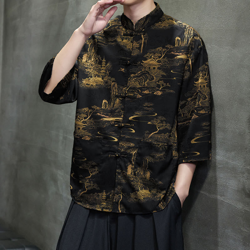 Buddha Stones 春のカエルボタン龍山花七分袖唐装メンズシャツポケット付き - image 33