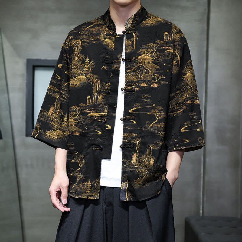 Buddha Stones 春のカエルボタン龍山花七分袖唐装メンズシャツポケット付き - image 34