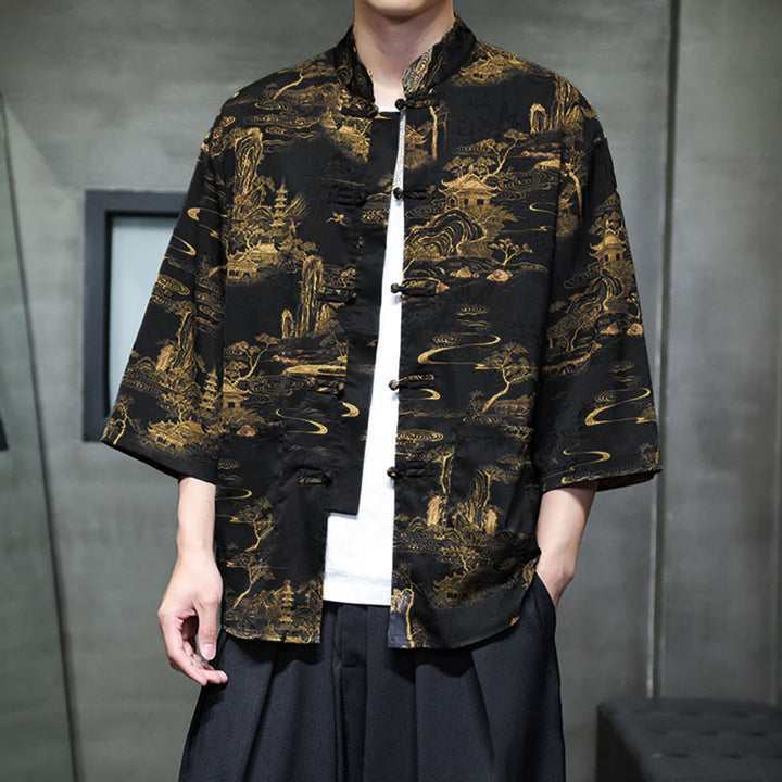 Buddha Stones 春のカエルボタン龍山花七分袖唐装メンズシャツポケット付き - image 34