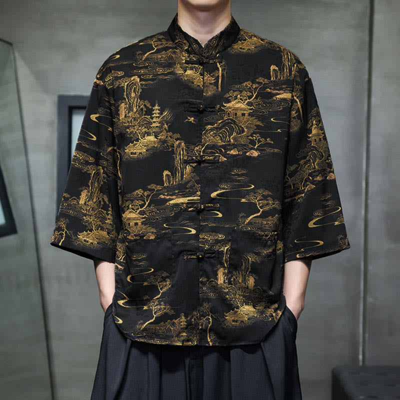 Buddha Stones、春蛙ボタン、龍山花柄、七分袖唐装メンズシャツ（ポケット付き） - image 32