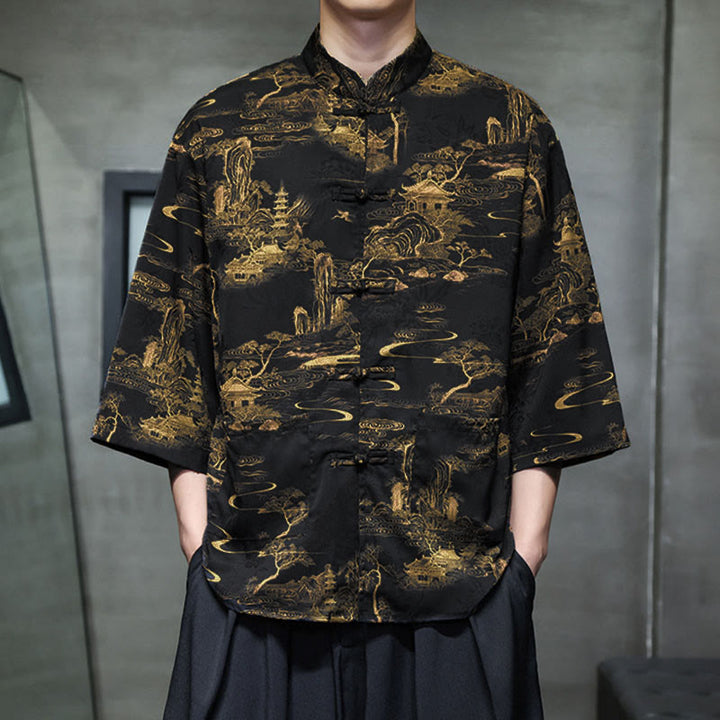 Buddha Stones、春蛙ボタン、龍山花柄、七分袖唐装メンズシャツ（ポケット付き） - image 32